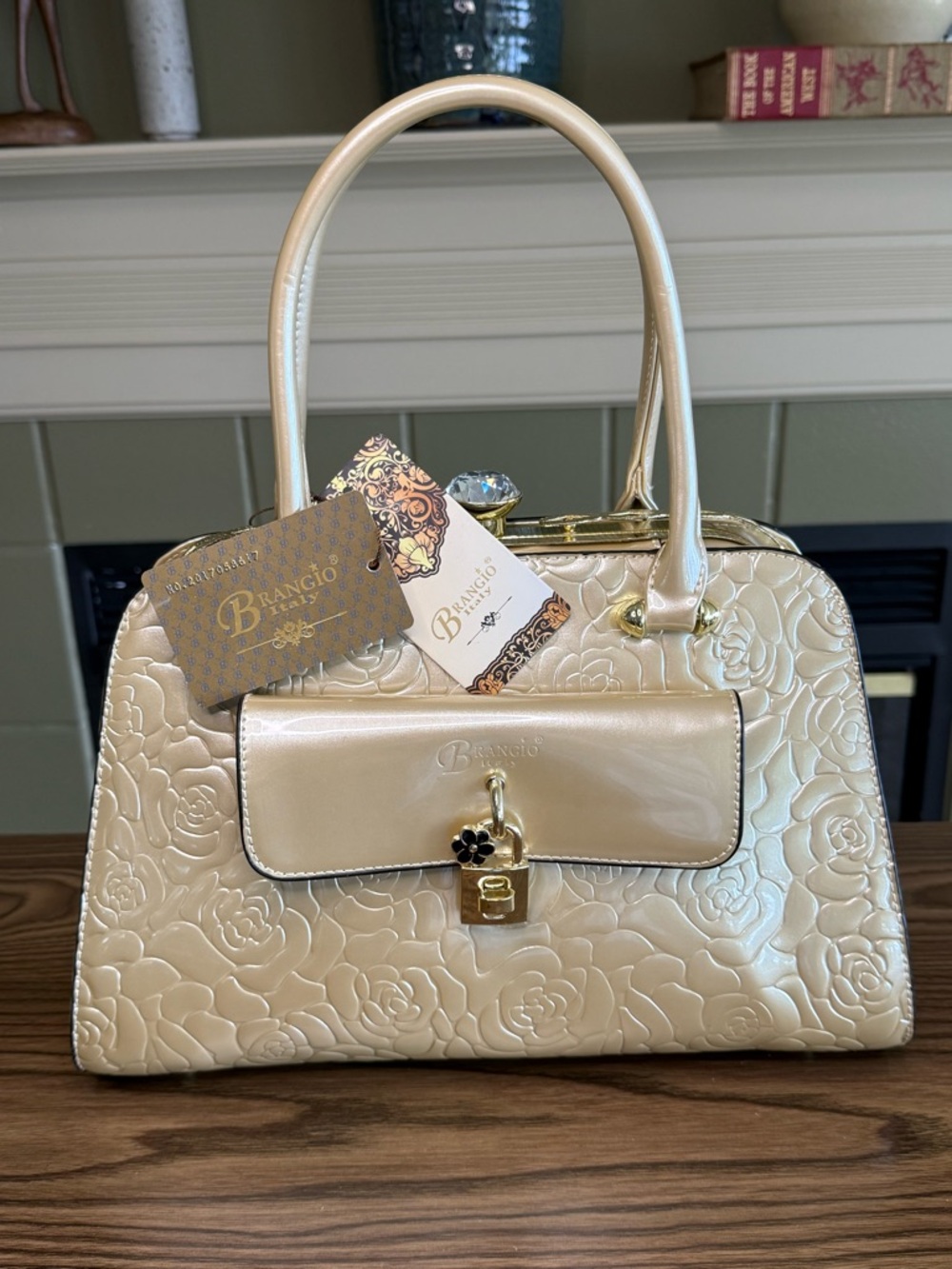 NWT Brangio Italy Hi-Gloss Rose Embossed Vegan Leather Bag Ivory/Champange